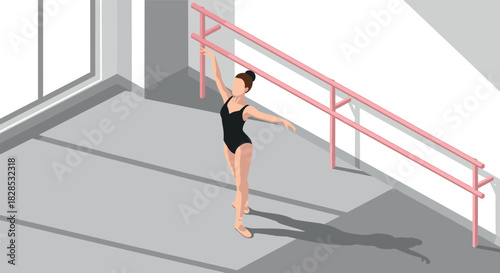 Isometric ballerina practicing in sunlit dance studio
