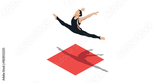 Dynamic ballet dancer jumping over red shape with shadow
