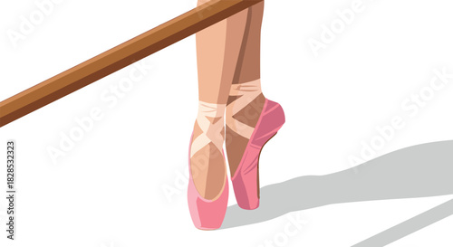 Elegant ballet pose with pink pointe shoes against barre in minimalist style