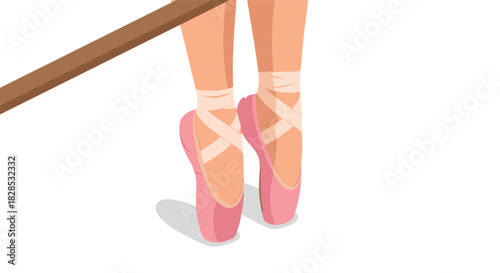 Ballet pointe shoes at barre: isometric dance practice scene in soft pastel tones