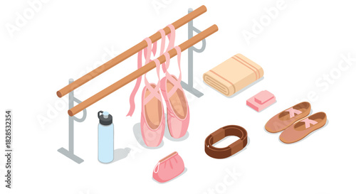 Ballet essentials in isometric design: shoes, barre, and accessories for dance practice