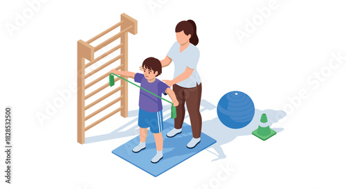 Child physical therapy session with therapist in gym setting