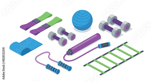 Isometric fitness equipment set: dumbbells, exercise ball, jump rope, resistance bands, mat, ladder
