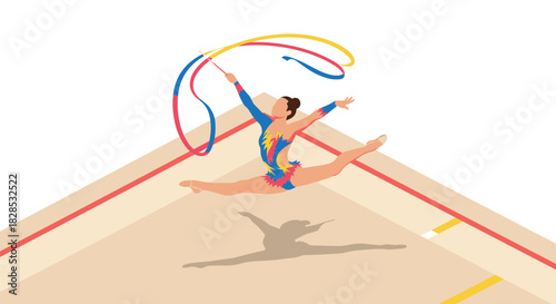 Dynamic rhythmic gymnastics performance with colorful ribbon in motion