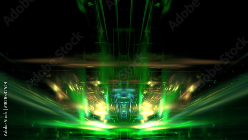 Fototapeta Naklejka Na Ścianę i Meble -  Bright green light trails swirl and pulse in a digital setting, creating a vibrant and energetic atmosphere that feels futuristic and captivating, suggesting movement and depth. 3d render