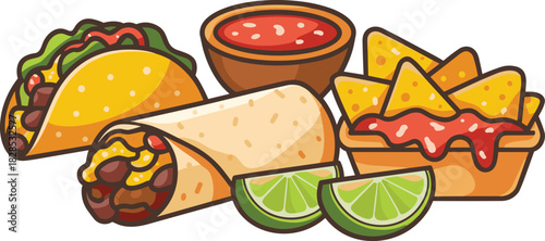 Cartoon illustration of Mexican food set including taco, burrito, nachos with cheese, salsa bowl, and lime for restaurant menu design.