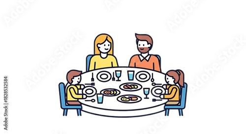 Joyful family sharing a meal together around a dinner table, creating happy memories.