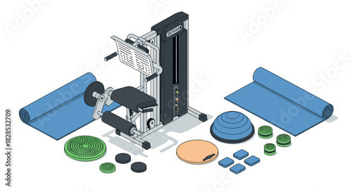 Isometric gym equipment with yoga mats and balance tools for fitness and exercise