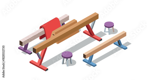 Isometric gym equipment with balance beams and vault apparatus for gymnastics training