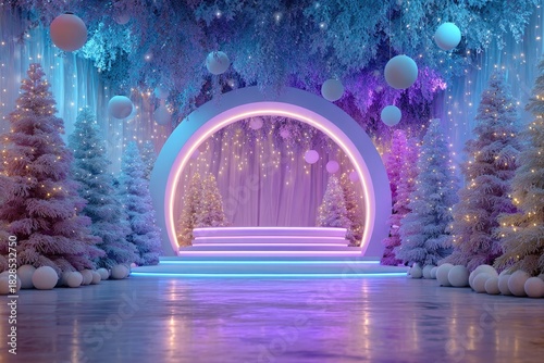 Magical winter scene featuring glowing arches and frosted trees