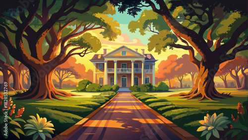 Very beautiful historic Southern estate scene featuring a grand oak-lined avenue, sunlit gardens, and a classic antebellum-style mansion in a serene landscape, captured in warm, cinematic light for el