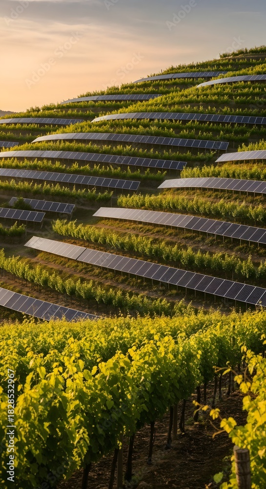 Fototapeta premium Solar panels among agriculture plants on field at golden hour