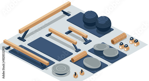 Isometric home gym equipment set with balance ball and workout supplies