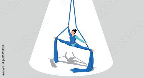 Aerial performer in spotlight: graceful pose on blue silks in minimalistic style