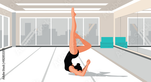 Woman practicing yoga in modern gym with cityscape view