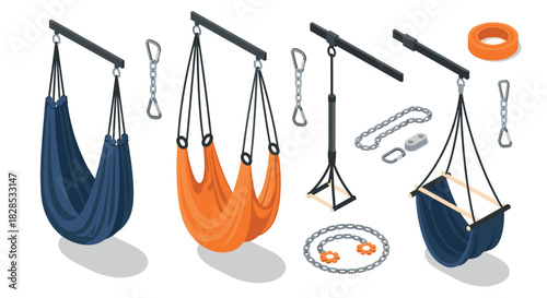 Isometric indoor climbing gear set: harnesses and accessories