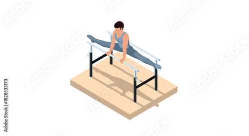 Isometric gymnast performing splits on parallel bars in minimalist style