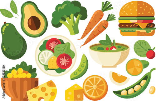 Collection of food icons including avocado, burger, vegetables, salad, soup, and cheese, flat vector illustration for menu design.