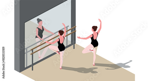 Ballet dancer practicing at the barre in front of a mirror with graceful reflection