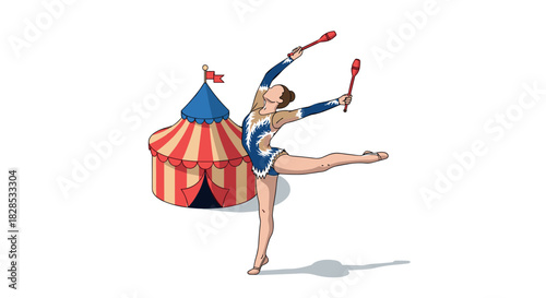 Circus performer in dynamic pose with tent backdrop