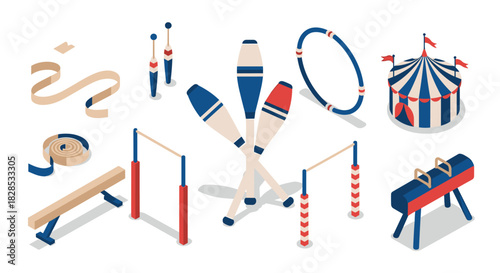 Colorful isometric circus equipment with tent and gymnastics tools