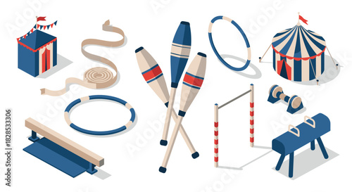 Isometric circus and fitness equipment set with tent, clubs, and hoops