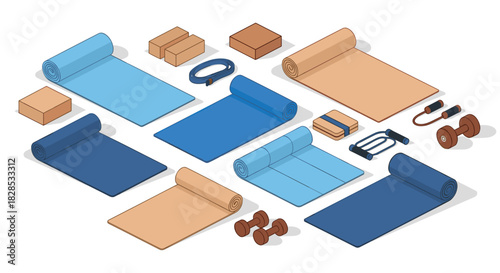 Isometric yoga and fitness equipment set with mats and accessories in blue and brown tones