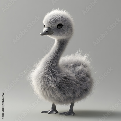 the image features a small, fluffy bird standing on a neutral surface