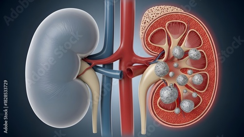 Medical illustration depicting a healthy kidney next to a kidney affected by stones, highlighting anatomy.