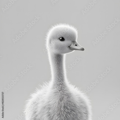 the image features a fluffy young bird, standing against a plain light background