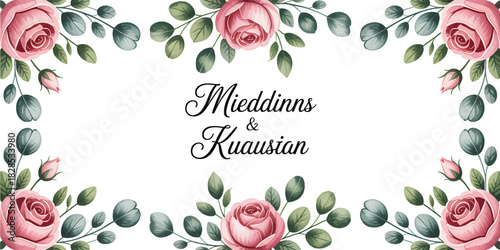 Eucalyptus Elegant Roses Featuring Leaves Wedding Border Invitation Watercolor