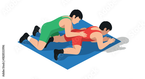 Dynamic wrestling match: athletes in sportswear engage in competitive grappling on mat