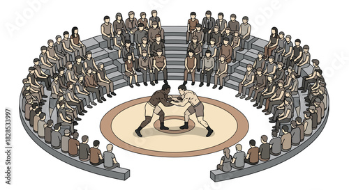Sumo wrestlers competing in arena with audience in circular seating