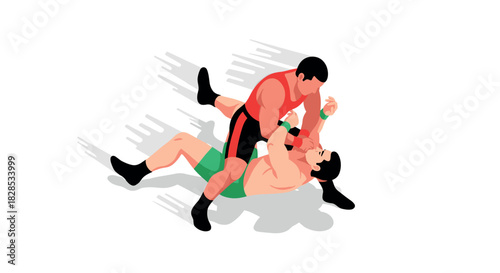 Dynamic mma fight scene in isometric style with bold colors and shadows