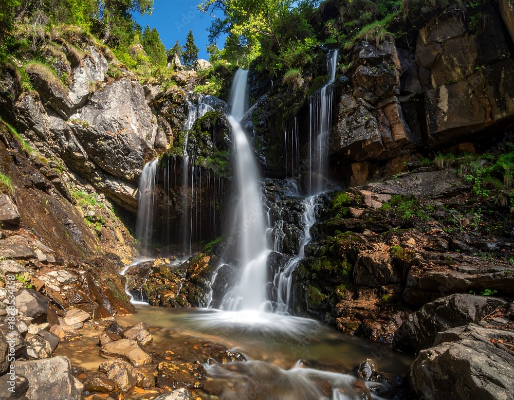 Fototapeta premium Waterfall cascading between rocky cliffs with verdant foliage and flowing water