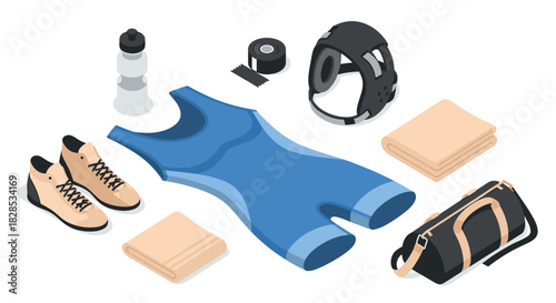 Isometric sports gear flat design: cycling essentials with helmet, water bottle, and more