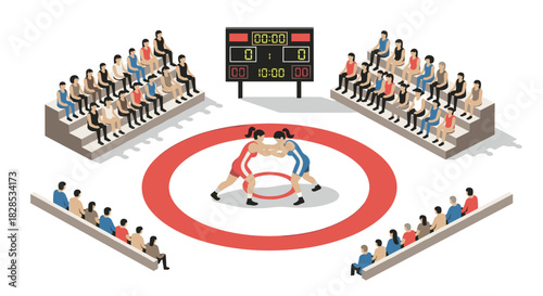 Isometric wrestling match with audience in arena setting
