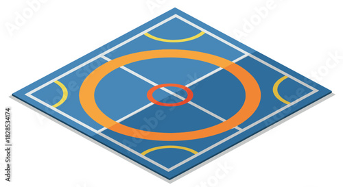 Isometric blue basketball court design with orange and yellow accents