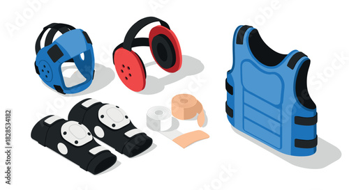 Protective gear set with padded helmet, knee pads, ear muffs, and vest in isometric style