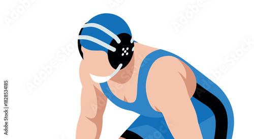 Blue wrestling gear athlete in action pose on white background