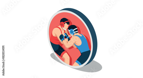 Isometric wrestling match icon featuring two wrestlers in gear on a round platform