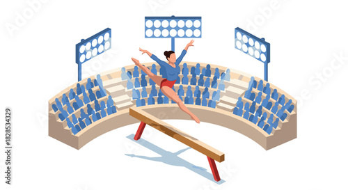 Gymnast performing on balance beam in arena with spectators