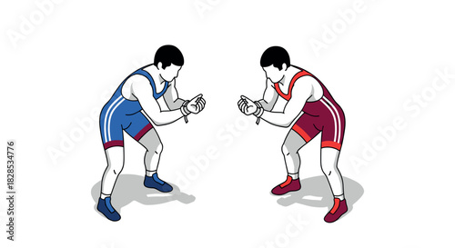 Dynamic wrestling match: two athletes ready in action pose