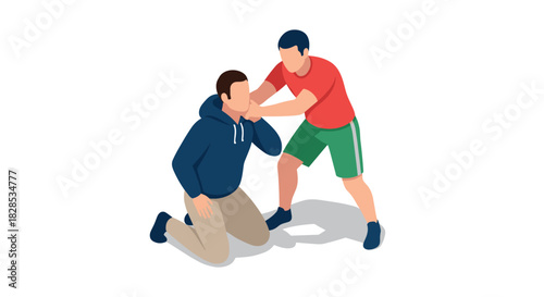 Self defense concept: two people practicing physical training in isometric style
