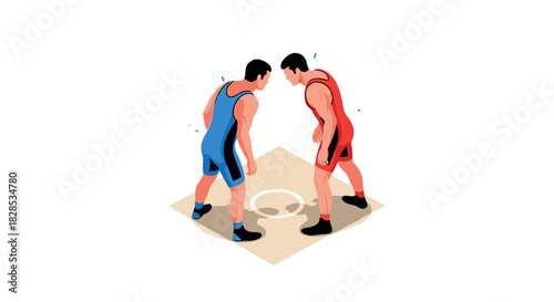 Isometric wrestling match with athletes facing off on mat in red and blue gear