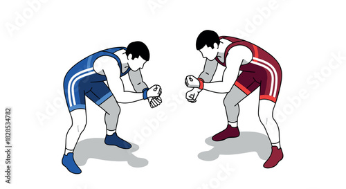 Dynamic wrestlers engaged in match with bold outlines and classic attire
