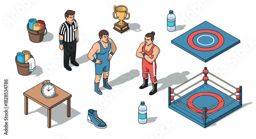 Isometric wrestling match elements with wrestlers, ring, and referee