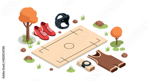 Isometric basketball gear and court with autumn trees