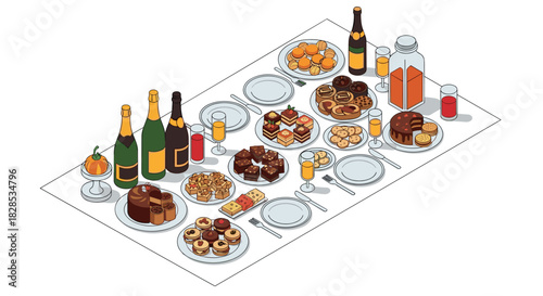 Elegant brunch table with pastries and beverages in isometric style
