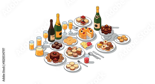 Elegant isometric dessert and beverage spread with cakes and champagne bottles